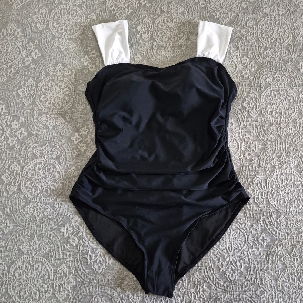 B2PRITY Womens One Piece Swimsuit Black White Ruched Tummy Control XXL